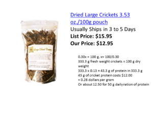 Price of crickets available online. The cost of a 50 g ration of protein (recommended by FAO/WHO for human adults) is about $12.50 US dollars.